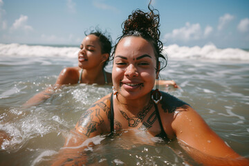 Two women enjoying a refreshing swim on the beach on a sunny summer day. Vacation and beach concept. - obrazy, fototapety, plakaty