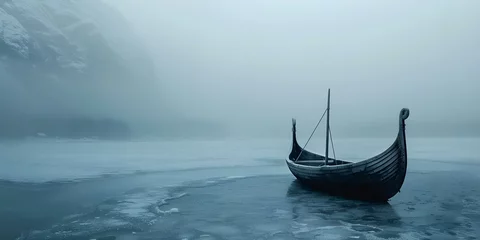 Fotobehang A solitary Viking vessel sits in a frozen fjord enveloped by mist and tranquil ice. Concept Adventure, Solitude, Nature, Winter Theme, Viking Culture © Anastasiia