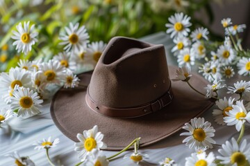 fedora hat on a table surrounded by daisies - 769871422