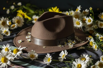fedora hat on a table surrounded by daisies - 769871426