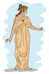 An ancient Greek woman in a tunic with bare feet stands, dances and gesticulates.