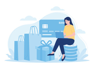 Shopping payments by card concept flat illustration
