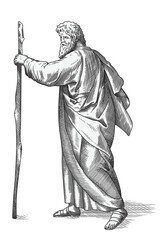 An old man with a beard in a cloak holds a staff in his hands and walks. Ancient engraving.