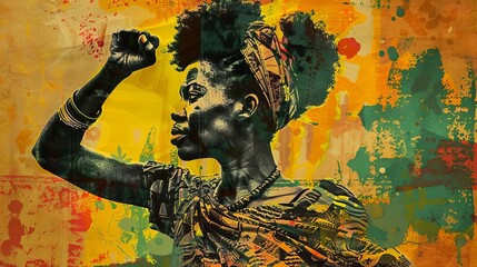 Grungy collage of African woman with fighting spirit and raised fist, mixed media illustration