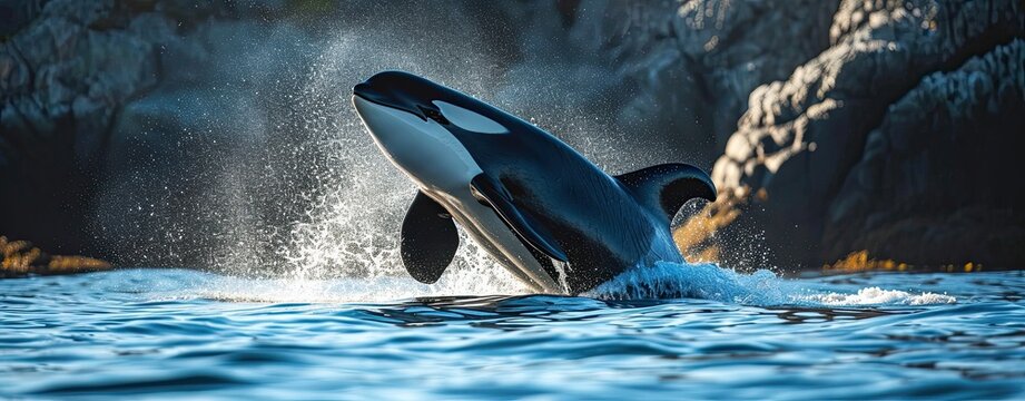 jumping orca mammal or killing whale in summer ocean waters