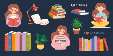 Stacks of books, books, plants, girl reading, love of reading. World Book Day. 