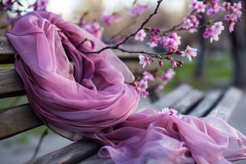 scarf entwined with cherry blossoms on a bench - 769871621