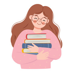 The girl holding the books. Vector illustration of a girl in glasses and a pink sweater holding a pile of books.