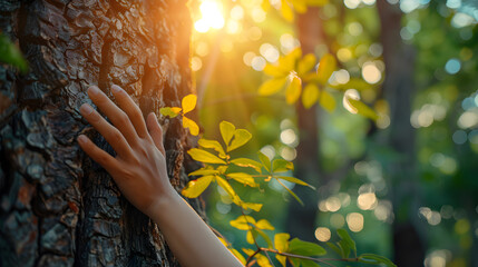A human hand touches a tree trunk in the wild forest, symbolizing the connection between humans and nature. It represents ecology and energy through the concept of a forest. - obrazy, fototapety, plakaty