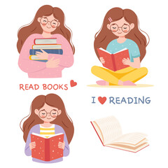 Vector illustration of a girl reading a book. Isolated objects on white background.