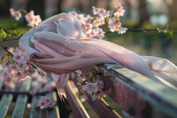 scarf entwined with cherry blossoms on a bench - 769871689