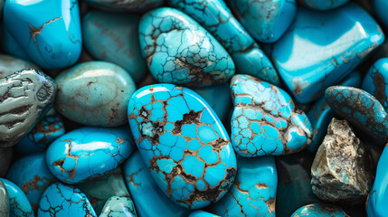 These are eye-catching turquoise stones featuring intricate natural vein patterns and varied shapes, symbolizing luxury and rarity - obrazy, fototapety, plakaty