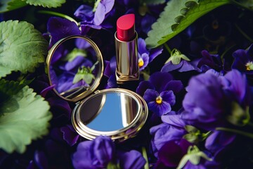 lipstick and compact mirror amid a bed of violets - 769871857