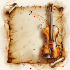 Artistic drawing of a violin combined with notes flying in the air, curling on parchment