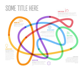 Infographic with colorful swirling curves in big tangle text and icons for various data points - 769872032