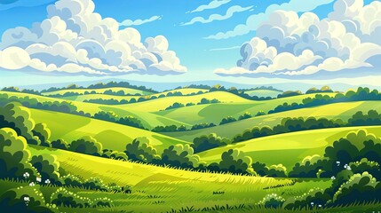 Idyllic summer landscape with green fields and fluffy clouds, peaceful nature - Cartoon illustration