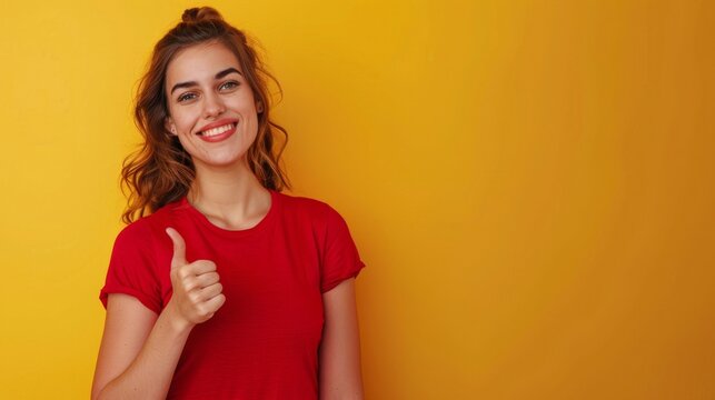 Woman in Red Shirt Giving Thumbs Up