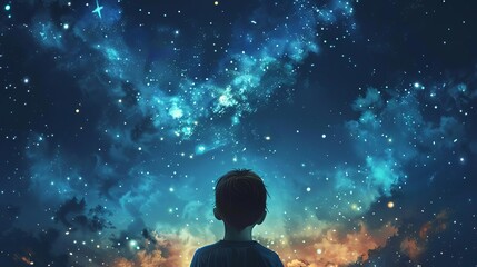 Imaginative illustration of a boy gazing at a starry night sky, with glowing galaxy and flickering stars, evoking a sense of wonder, hope, and dreams, digital painting