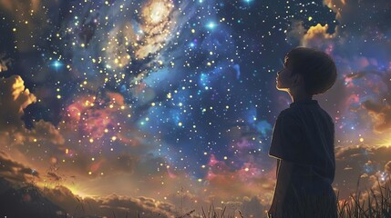 Imaginative illustration of a boy gazing at a starry night sky, with glowing galaxy and flickering stars, evoking a sense of wonder, hope, and dreams, digital painting