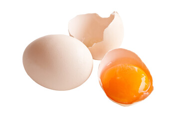 Broken egg and egg yolk close up photo isolated on transparent background, png file - obrazy, fototapety, plakaty
