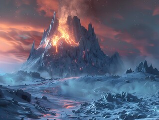 Erupting Fiery Volcano in Otherworldly Celestial Landscape - obrazy, fototapety, plakaty