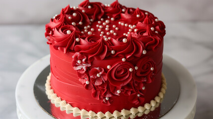 Obraz na płótnie Canvas Red velvet cake decorated with red roses and pearls on white background