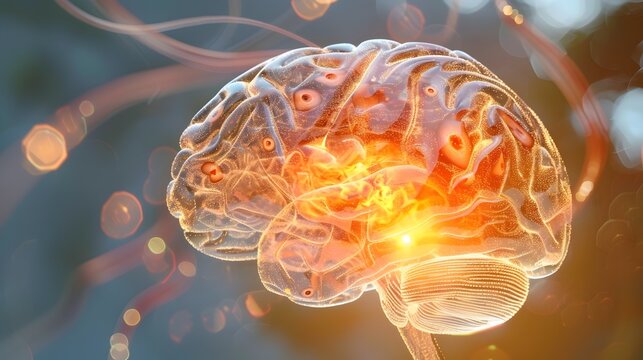Detailed Brain Model Illuminated by Warm Dawn Light Highlighting Sensory Processing Areas and Neural Connectivity