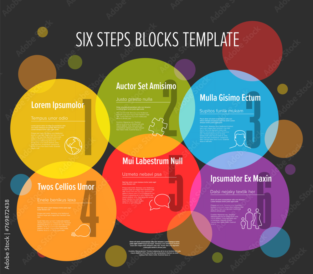 Poster six circle steps in cycle progress template on dark background