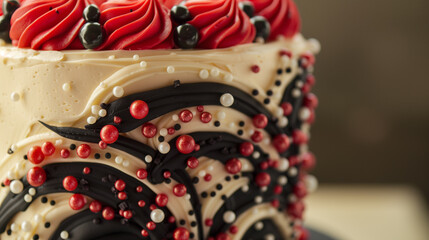 Birthday cake with red and black frosting and sprinkles.