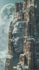 Naklejka premium Majestic Frozen Fortress Reaching Towards Ethereal Moon in Enigmatic Mountainous Landscape