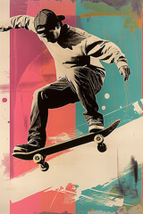 Vibrant pop art poster of a skateboarder performing a trick on a colorful abstract background. Urban skateboarding pop art poster