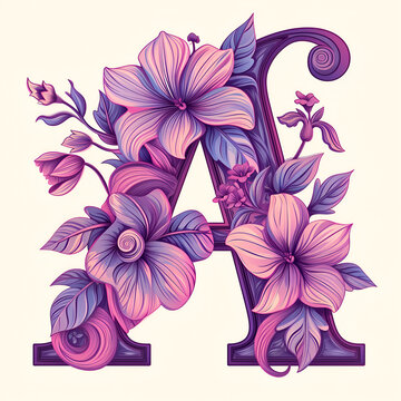 Spring and summer letter A with purple flowers. Flower font illustration