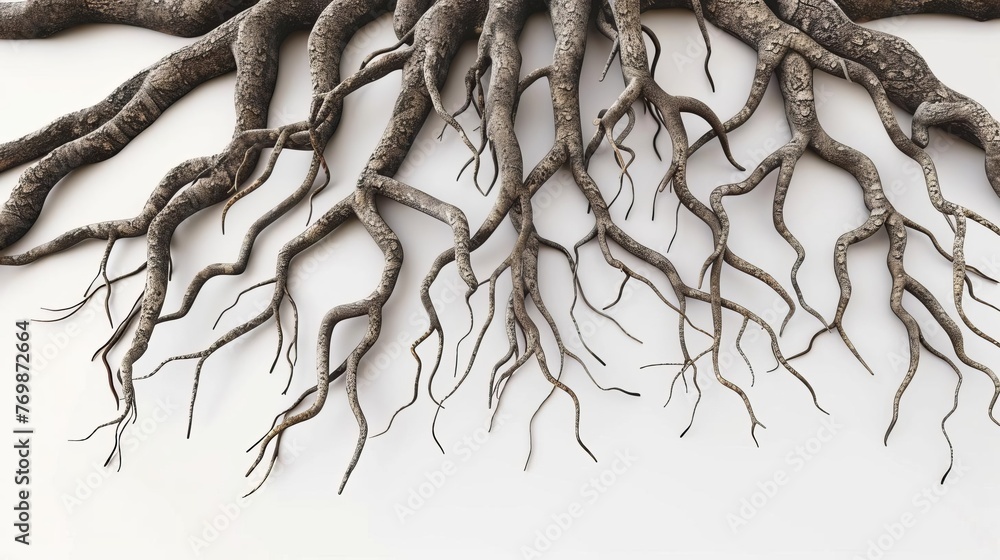 Poster intricate network of intertwined tree roots isolated on stark white background, nature concept illus