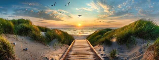 a wooden boardwalk leading to the sea at sunset, offering a mesmerizing panoramic view of dunes, grassland landscape, and seagulls soaring against a stunning sky.