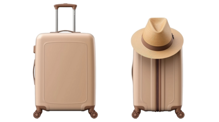 Travel luggage bag and a straw hat isolated on transparent a white background