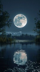 Full moon over a tranquil lake, reflection on water, low angle, night, hyper-realistic 