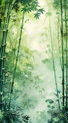 Fototapeta na wymiar Dense bamboo forest, soft green light, eye level, morning mist, vivid, detailed