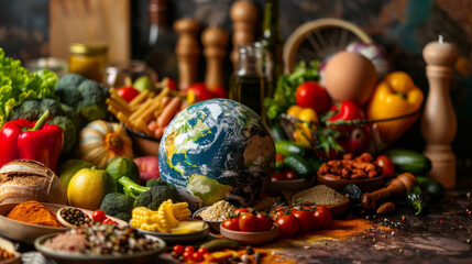 Earth globe at the center of food variety, cooking ingredients and cooking utensils, world food day and flavorful international cuisine concept. - 769872891