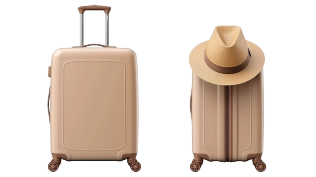 Travel luggage bag and a straw hat isolated on transparent a white background
