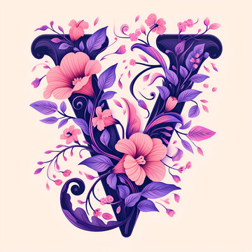 Spring and summer letter V with purple flowers. Flower font illustration