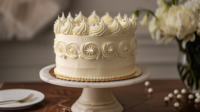 Cake decorated with white cream and pearls on a white table
