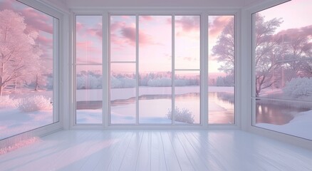 A beautiful winter landscape outside the window, a lake with ice and snow covered trees. The sky is pink