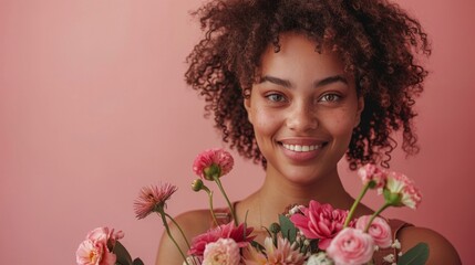 Naklejka premium Woman Holding Bunch of Flowers in Front of Face