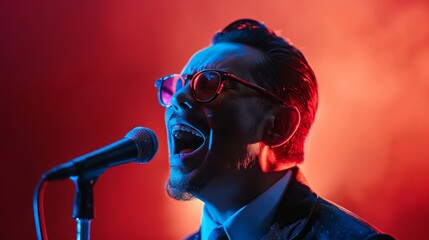 Man With Glasses Singing Into Microphone - obrazy, fototapety, plakaty