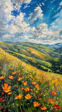 Rolling hills with wildflowers, sunny day, wide angle, vibrant colors, oil painting style