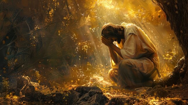 Jesus Christ praying in the Garden of Gethsemane, spiritual religious art, digital oil painting