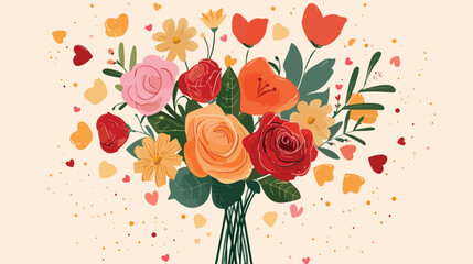 Bouquet of flowers with hearts love vector illustra