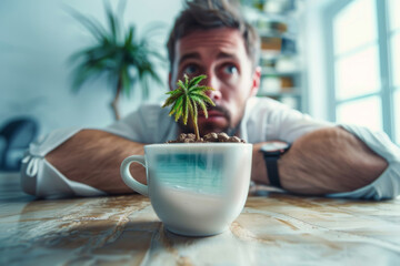 Coffee cup oasis, coffee cup with a tiny palm tree and beach scene floating inside, and a exhausted businessman leans heavily on the desk, burnout and missing holidays.