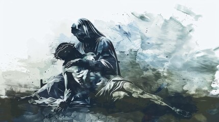 Jesus Taken Down from the Cross, Pieta Scene, Mother Mary Holding Son, Digital Watercolor Painting - obrazy, fototapety, plakaty