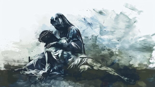 Jesus Taken Down from the Cross, Pieta Scene, Mother Mary Holding Son, Digital Watercolor Painting